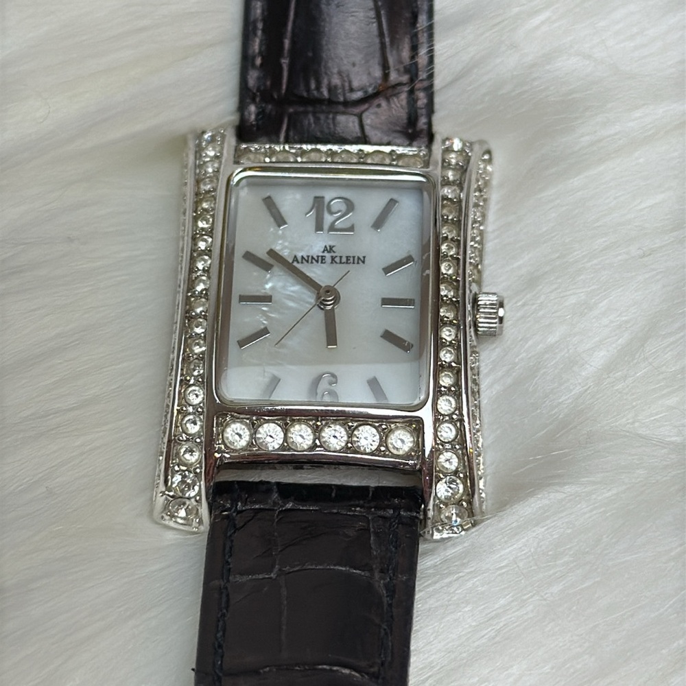 Anne Klein Women’s Rhinestone Black Croco Grain Leather Watch Bling Wristwatch
